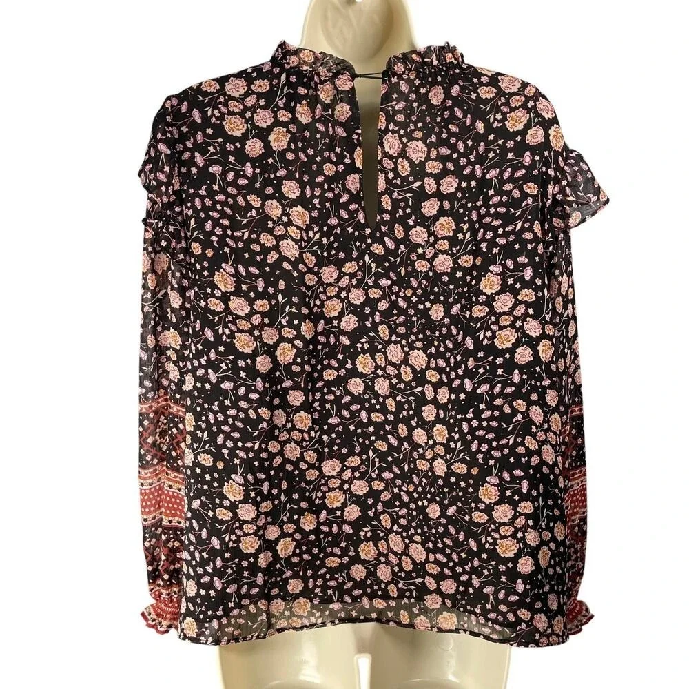 Rachel Zoe Blouse Womens Medium Black Pink Ruffle‎ Collar Trim Chiffon Top - Picture 6 of 12